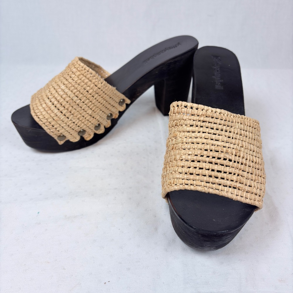 Jeffrey Campbell Dlite Raffia Wood Platform Clog Mules Sandals Brown Tan Sz 7M